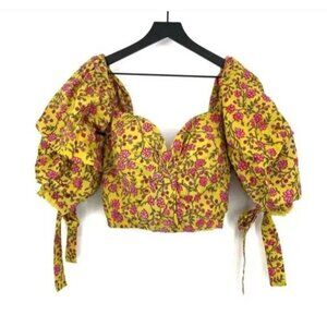 Yellow & Pink Floral Puff Sleeve Crop Top By Eddy Size 12 100% Cotton Adjustable